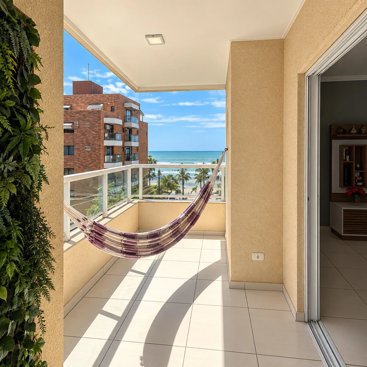 Varanda com rede e vista para o mar